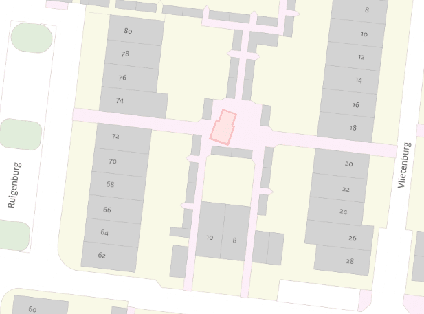 De afbeelding toont een kaartje van de plek waar de werkzaamheden bij Vlietenburg exact worden uitgevoerd. Dit is ter hoogte van Vlietenburg 20.