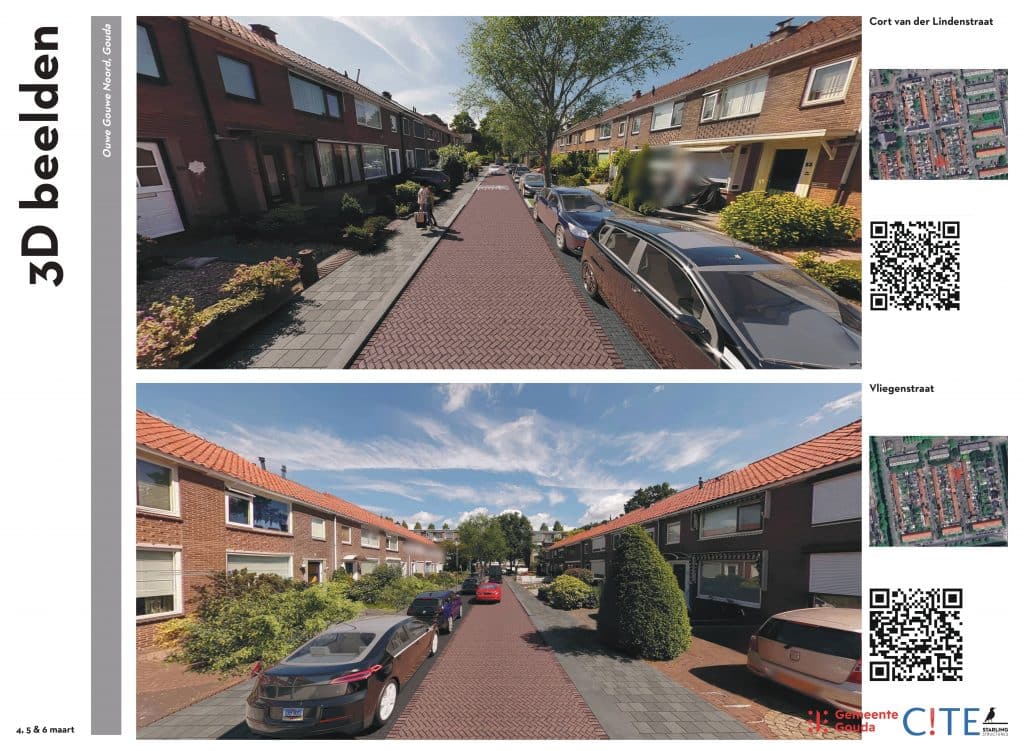 De afbeelding toont het voorlopig ontwerp van de herinrichting van de Cort van der Lindenstraat en Vliegenstraat in 3D.