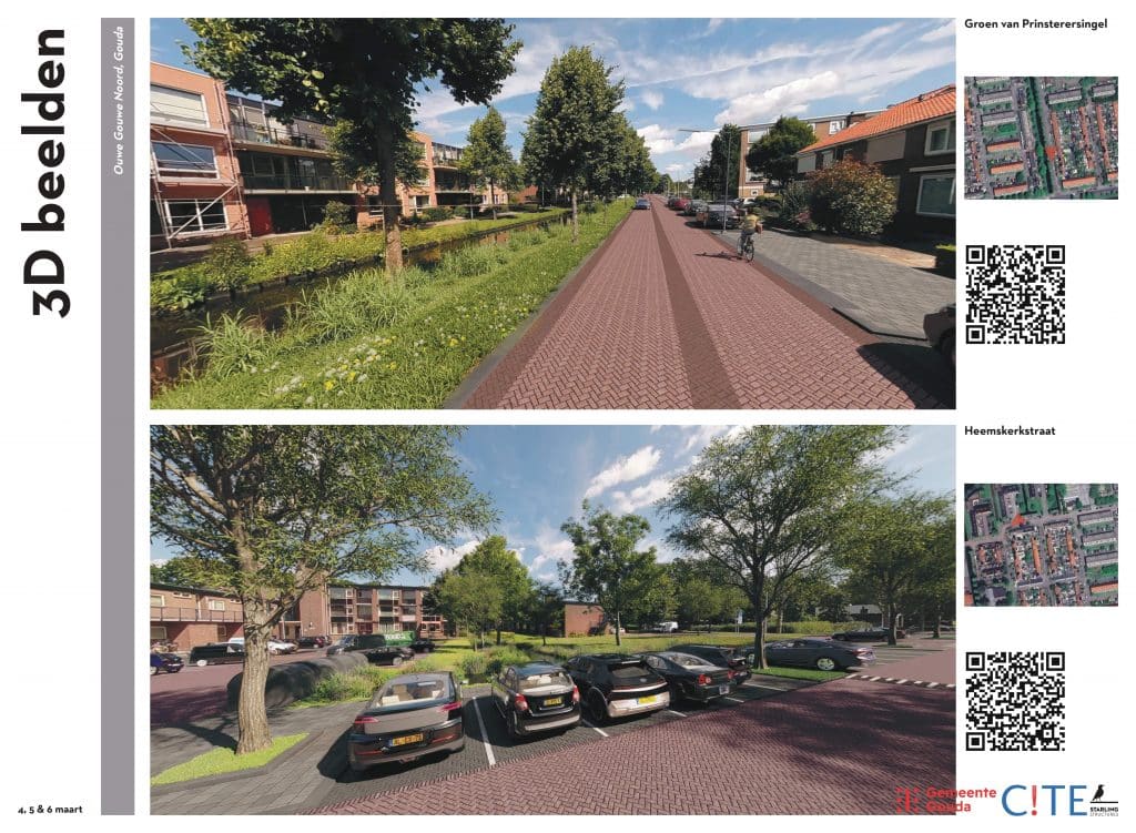 De afbeelding toont het voorlopig ontwerp van de herinrichting van de Groen van Prinstersingel en Heemskerkstraat in 3D.