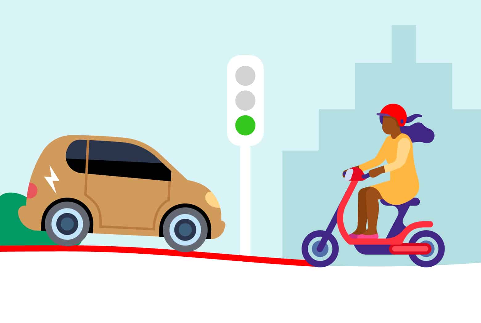 De afbeelding is een animatie. U ziet hierop een elektrische auto en een persoon op een scooter. Op de achtergrond staat een gebouw en een groen stoplicht.