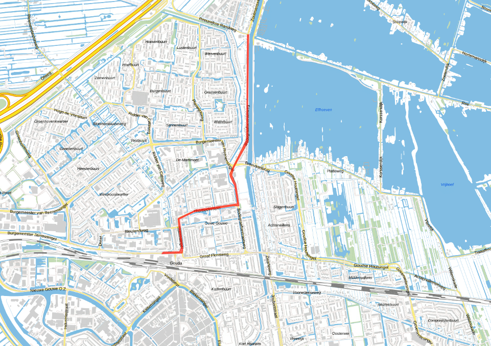 Kaart van Gouda. De route van de doorfietsroute is rood gekleurd om aan te geven waar het project plaatsvindt. Dit is het fietspad op de Bodegraafsestraatweg en de Thorbeckelaan richting station Gouda. 