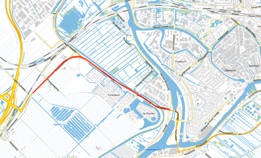 Kaart van Gouda. De provinciale weg N457 is rood gekleurd en laat zien waar het project plaatsvindt. Dit is een toegangsweg vanaf de snelweg naar Westergouwe en Gouda. 