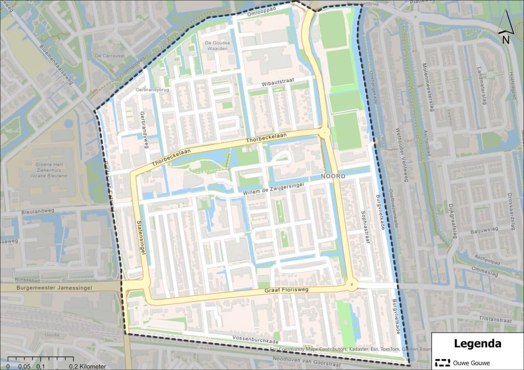 Kaart van het gebied waar het wijkmobiliteitsplan over gaat: de wijk Ouwe Gouwe. Het gebied ligt tussen de Breevaart, het treinspoor, de Ridder van Catsweg en het Omlooppad. 