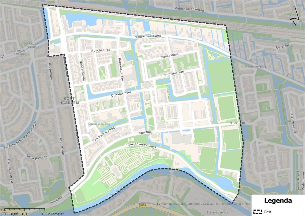 Kaart van het gebied waar het wijkmobiliteitsplan over gaat: de wijken Voorwillenseweg, Oosterwei en Vreewijk. Het gebied ligt tussen de Joubertstraat, het treinspoor, de Hollandsche IJssel en de sportvelden aan de Sportlaan.