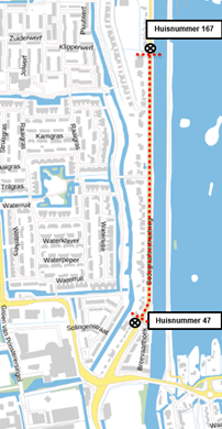 Het kaartje laat de afsluiting van beide rijbanen van de Bodegraafsestraatweg tussen huisnummers 47 en 167 zien. Het fietspad wordt niet afgesloten.